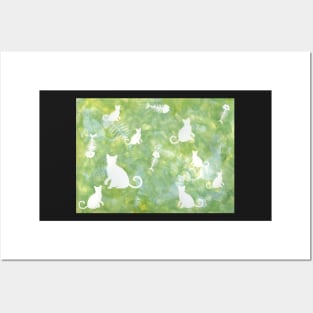 Green Watercolor Cat and Fish Bone Painting Posters and Art